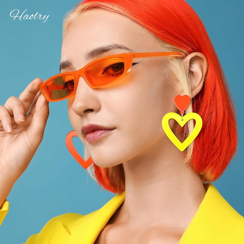 HOLYRY Neon Heart Earrings for Women Acrylic Neon Earrings 80s 90s Outfit for Women Glow Party Accessories Gifts Hot Pink Orange Green Yellow - Image 5